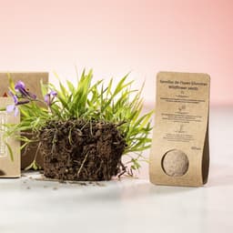 A small bundle of wildflower seeds, with soil and green grass, packaged in a brown card. Includes a logo.