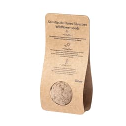 A packet of wildflower seeds in a brown paper design with organic branding details and planting instructions.