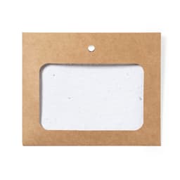 A brown cardboard holder with a clear window, containing textured white material, possibly for a name badge.