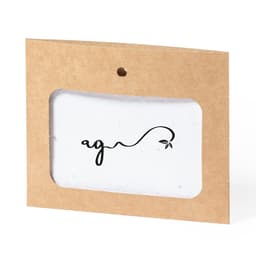 A rectangular card in a brown kraft envelope with a logo, featuring a white background and a simple design.