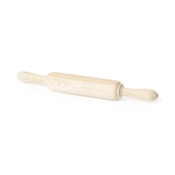 A wooden rolling pin with a smooth finish, featuring rounded handles and a light, natural colour.