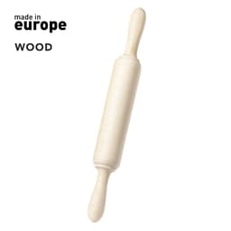 A wooden rolling pin in a light colour with a smooth finish and rounded handles. It features a logo.