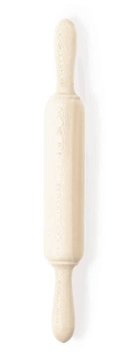 A cream-coloured wooden rolling pin with tapered handles and a textured surface, featuring a logo.