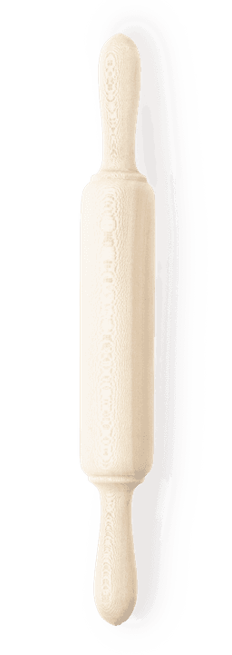 A wooden rolling pin in a light cream colour with decorative patterns and rounded handles.