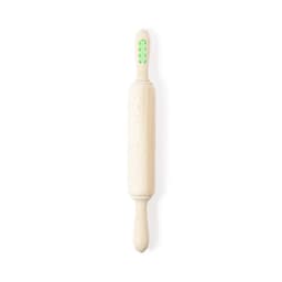 A wooden rolling pin with a green handle and branding, designed for use in home baking and cooking.