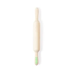 A wooden rolling pin with a light, natural finish and decorative handles. It features a logo.