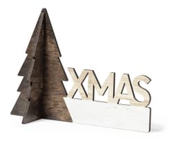 A wooden Christmas decoration featuring a tree silhouette and the word "XMAS" in a natural and white finish.