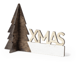 A wooden Christmas decoration featuring a tree design in brown and a white base with the word "XMAS."