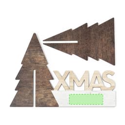 A wooden Christmas decoration featuring trees and the word "XMAS" in natural and dark wood tones.
