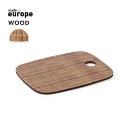 A wooden cheese board featuring a natural grain with a circular handle cutout. The board has a smooth finish.