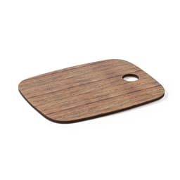 A wooden chopping board with a smooth surface and a hole for hanging, featuring a warm, brown wood grain design.