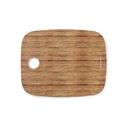 A wooden kitchen cutting board with a rounded corner and a small hole, featuring a natural, textured finish.