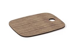A wooden cutting board featuring a brown, textured finish and a round handle cut-out.
