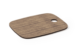 A wooden chopping board with a smooth surface and rounded corners, featuring a small hole for hanging.
