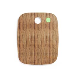 A chopping board with a wooden pattern, featuring a circular hole and a small green highlight.