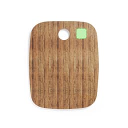 A wooden kitchen cutting board with a rounded edge and a hole for hanging. It has a natural wood grain finish.