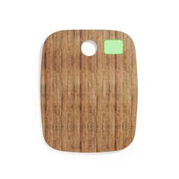 A wooden-themed chopping board with a rounded cut-out at the top and a smooth surface.