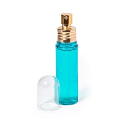 A turquoise spray bottle with a gold cap, accompanied by a clear protective cover.