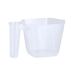 A transparent plastic measuring jug with a handle, featuring a square design. It has a logo on the side.