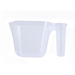 A clear plastic measuring jug with a handle and measurement markings on the side. It features a logo.
