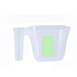 A transparent plastic measuring jug with a handle, featuring a simple design and a space for branding.