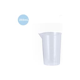 A clear plastic measuring cup with a 250ml capacity, featuring a spout and measurement markings.