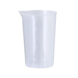 A clear plastic measuring cup with measurement markings, featuring a spout, used for liquid measurements.