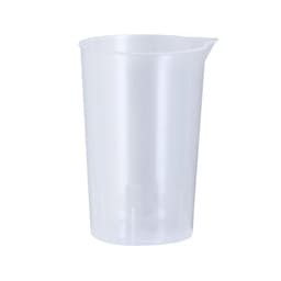 A clear plastic measuring cup with a spout, featuring a smooth surface and a simple design.