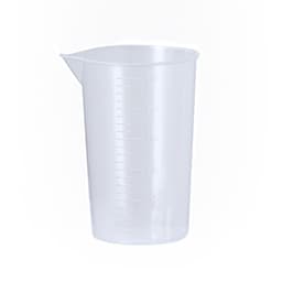 A clear plastic measuring cup with measurement markings and a spout, suitable for various home use.