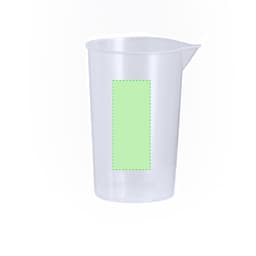 A transparent measuring cup with a spout, featuring a square area in light green for branding or design.