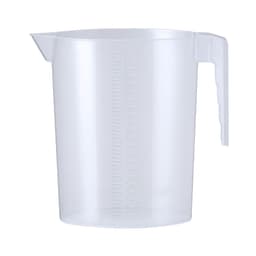 A clear plastic measuring jug with a handle, featuring measurement markings on the side.
