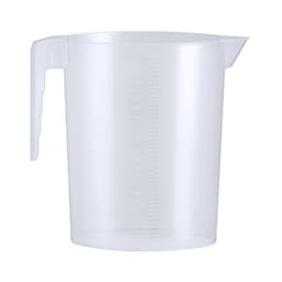 A clear plastic measuring jug with measurement markings and a handle. It features a spout for easy pouring.