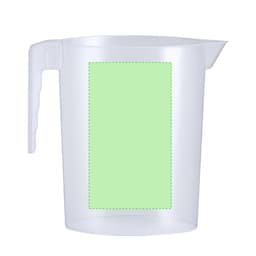 A transparent measuring jug with a handle, featuring a green accent. It has a sleek, modern design.
