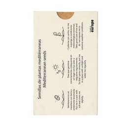A seed packet for Mediterranean plants featuring earthy tones, with illustrations and a logo.