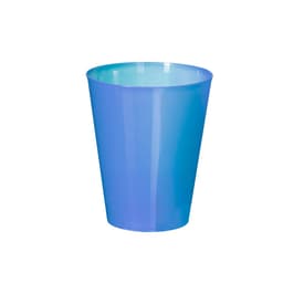 A drink bottle in translucent blue plastic, featuring a tapered design and a logo on the surface.