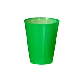 A drink bottle in bright green, featuring a tapered design and made of durable plastic. It has a logo.