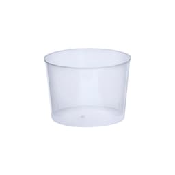 A transparent plastic cup with a smooth finish, designed for various beverages. It has a simple, modern shape.