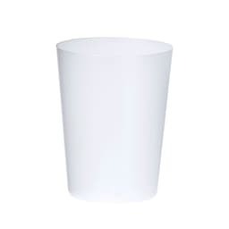 A drink bottle in translucent white plastic, featuring a simple design and a circular opening. It has a logo.