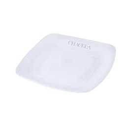 A square white plate with a glossy finish and a logo in one corner. Ideal for serving food or decorative use.