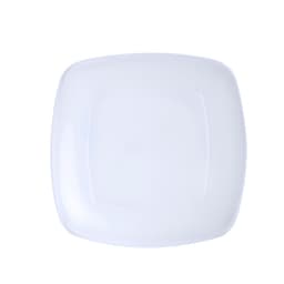 A square, white plate with a smooth surface and rounded corners. It features a subtle glossy finish and has a branding logo.