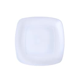 A square, white serving plate with a smooth, glossy finish and rounded edges. It features a subtle logo.
