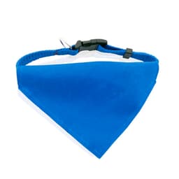 A blue bandana pet collar with a clasp, featuring a triangular shape and a textured fabric.
