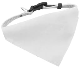 A white bandana pet collar with a grey adjustable strap and a clip fastening, featuring a branding logo.