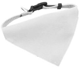 A white bandana pet collar with an adjustable strap and a clip, featuring a logo.