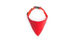 A red bandana-style pet collar with an adjustable strap and a logo. Suitable for pets.