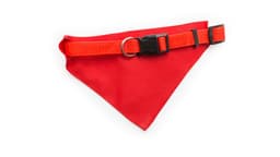 A bright red bandana pet collar with an adjustable strap and a buckle, featuring a metal D-ring.