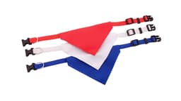 A set of three bandana pet collars in red, white, and blue, featuring adjustable straps and buckles.