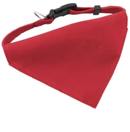 A red bandana-style pet collar with a black clip, featuring a silver attachment ring.
