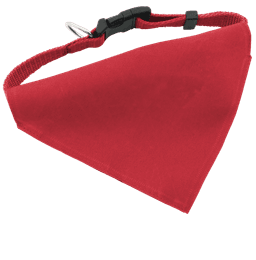 A red bandana-style collar for pets, featuring an adjustable strap and a clip for easy fastening.
