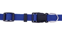 A blue fabric pet collar with adjustable buckle and metal D-ring. It features a sturdy design suitable for pets.